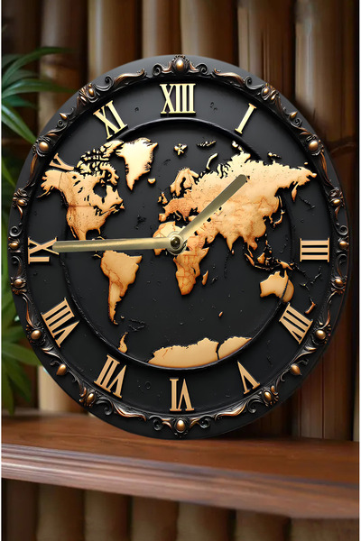 kutuTR 🗺️ "Altın Dünya" - Harita Desenli 3D Görünümlü MDF Duvar Saati (33 cm) sdw297