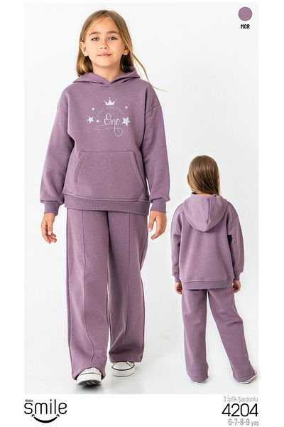 RAPAPA Girls' 3 Thread Raster Hooded Bottom Base Suit Tracksuit Set 4204m