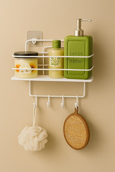 Sas Haus Ανοξείδωτη λευκή αυτοκόλλητη θήκη για σαμπουάν μπάνιου με 4 γάντζους, ανθεκτική, κομψή οργάνωση - Tş-01