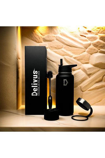 Delivus Insulated Water Bottle Stainless Steel Sports Bottle With Straw Flip Flask for School Travel 32oz