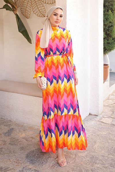 İmajButik Φούξια κίτρινη φούστα με σχέδιο με στρώσεις Viscon φόρεμα