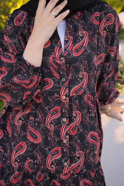 İmajButik Μαύρο φόρεμα με μισό κουμπί με φούστα