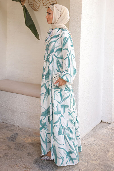 İmajButik Green Half Button Skirt Layered Dress