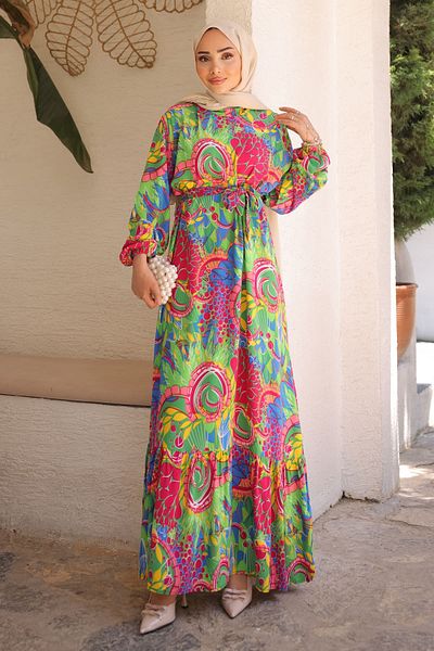 İmajButik Φούστα με πράσινο σχέδιο Layered Viscon φόρεμα