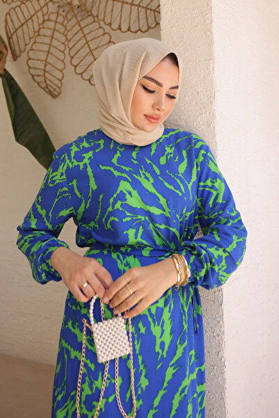 İmajButik Φόρεμα Saks με μπλε μοτίβο φούστα με στρώσεις Viscon