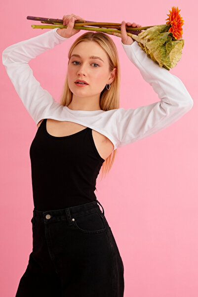 mirach Finger Detailed Neck Collar Sleeves - White Crop Body Long Sleeve Fisherman Long Sleeve Hijab Bodysuit