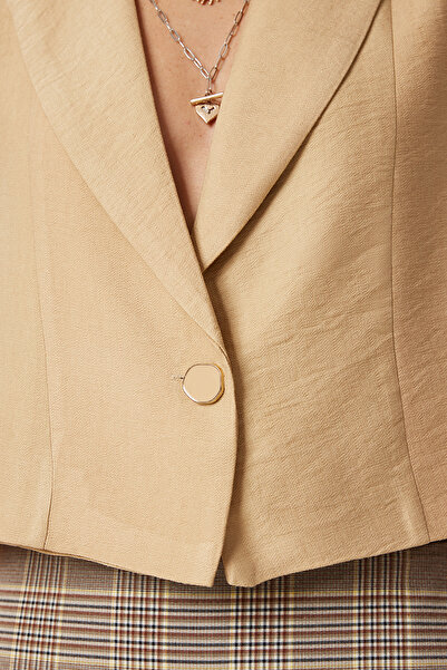 Lovelyİstanbul Şal Yaka Crop Keten Yelek BİSKÜVİ LTO0006