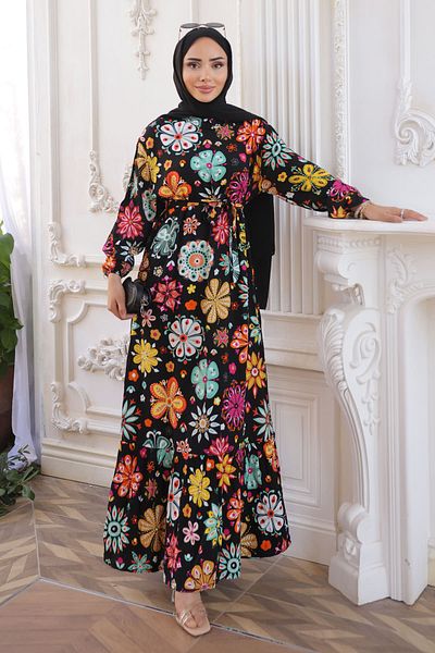 İmajButik Φόρεμα Viscon με μαύρη φούστα με σχέδια