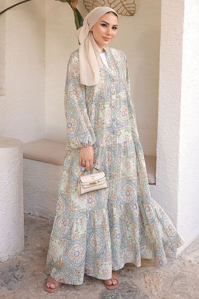 İmajButik Φόρεμα με πράσινη φούστα με μισό κουμπί