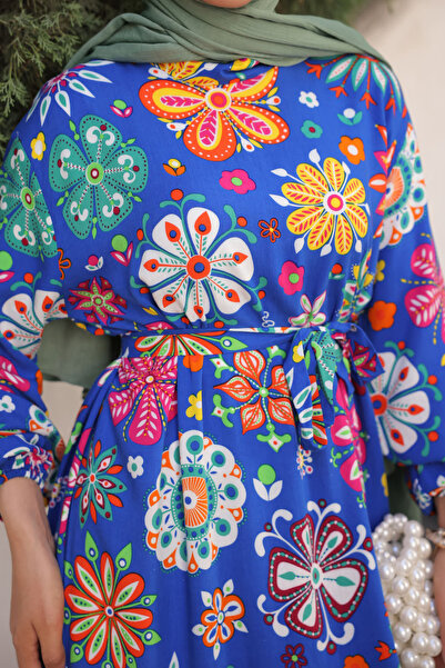 İmajButik Φόρεμα Saks με μπλε μοτίβο φούστα με στρώσεις Viscon