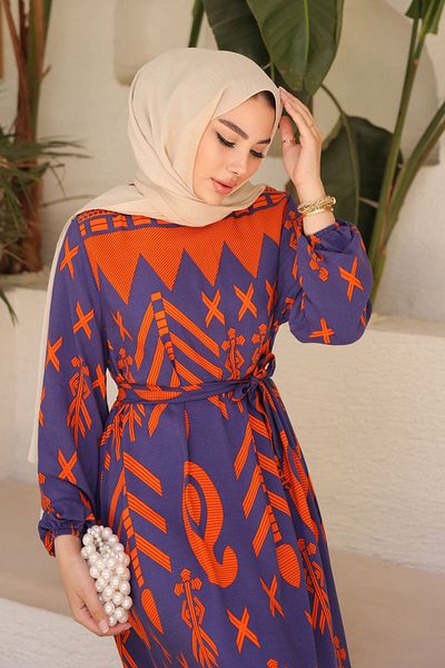 İmajButik Φόρεμα Viscon με μωβ μοτίβο φούστα