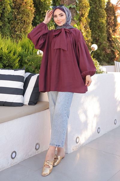 İmajButik Burgundy Collar Detailed Balloon Sleeve Tunic