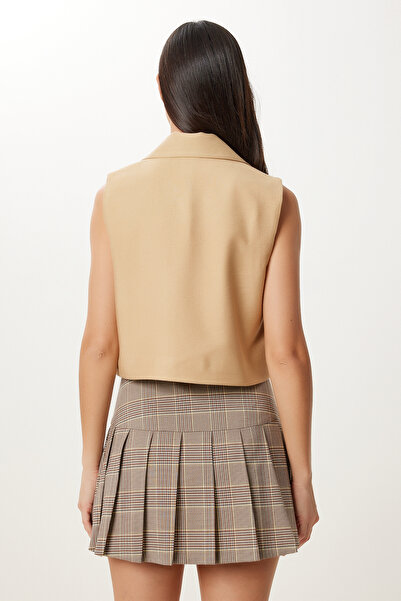 Lovelyİstanbul Şal Yaka Crop Keten Yelek BİSKÜVİ LTO0006