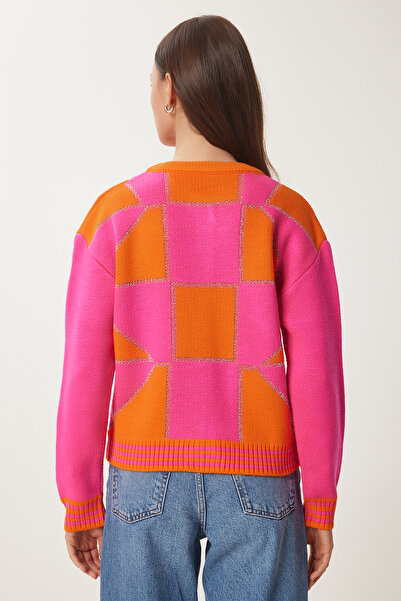 Lovelyİstanbul Narancssárga rózsaszín mintás kötöttáru kardigán - gombokkal, LPF0072