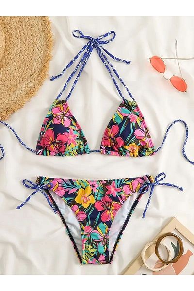 TRAJE DEN Strap, Neck Tie. Back Lacing Side High Cut Back Cutout Bikini Suits Two Piece