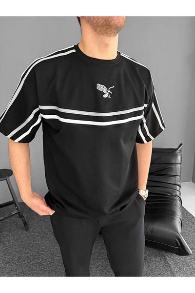 bergibo 2 Thread Combed Fabric Black and White T-Shirt - New Season Black and White Striped Eagle T-Shirt