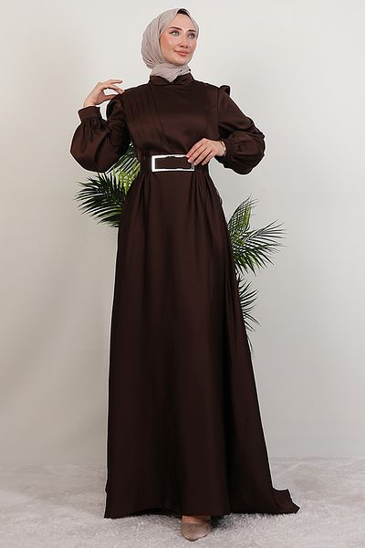 GİYZAMİLA Πλισέ μπροστινό βραδινό φόρεμα Hijab Bitter Brown