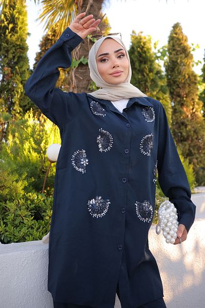 İmajButik Σετ παντελόνι με κεντημένο μπλε ναυτικό με χάντρες