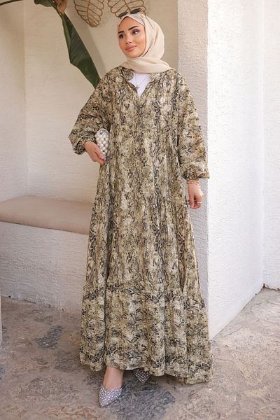 İmajButik Χακί Φόρεμα με μισό κουμπί και φούστα