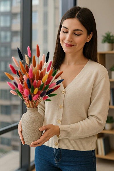 Hidden Botanics 55 Dallı Renkli Kurutulmuş Pamuk Otu Lagurus Buketi – 50 Cm D...