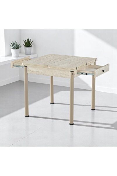 DENGEMA Neva Açılır Kapanır Mutfak Masası – Traverten Desen, Kapuçino Ayak, 80x80/160 cm