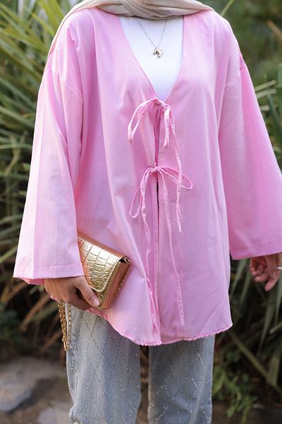 İmajButik Pink Front Tie Kimono Tunic
