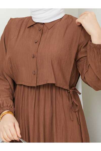 modamira Kadın Kahverengi Çilek Kumaş Bolerolu Ikili Önü Düğmeli Yandan Bağlamalı Tesettür Elbise