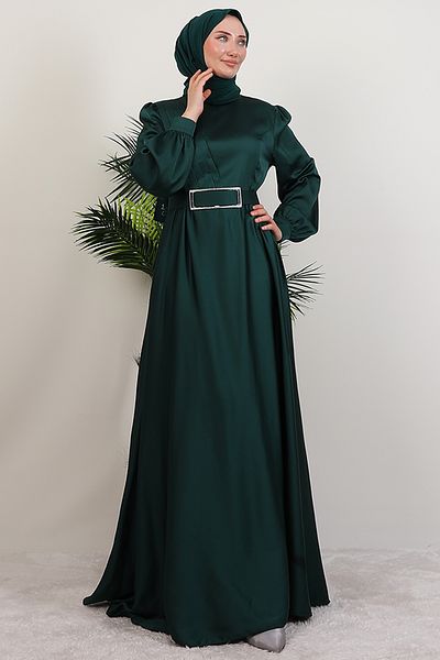 Giza Giyim Μπροστινό Πλισέ Βραδινό Φόρεμα Hijab Emerald