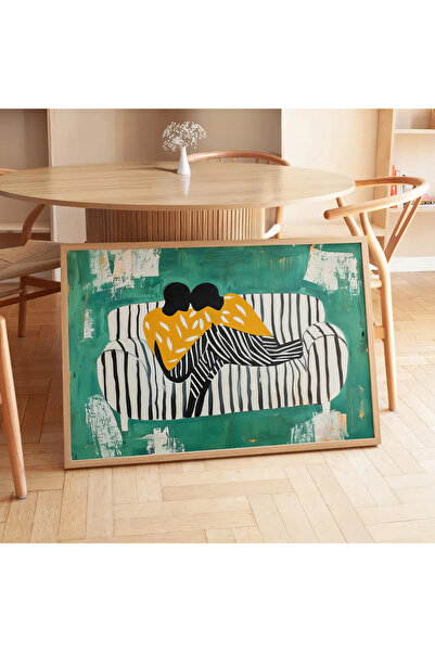 HİGUERA Ζευγάρι Τραπέζι με φυσικό ξύλινο σκελετό σε κίτρινο λεπτομερές ριγέ κ...