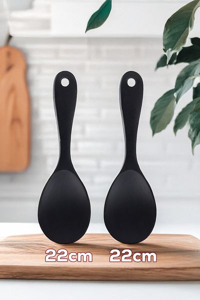 Porsima 5262 2 Pieces Hard Tip Silicone Pilaf Spoon Fireproof Non-Stick Anti-Scratch Pilaf Scoop Spoon Black 22 cm