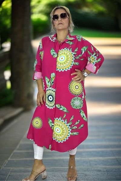 yagmurberen Plus Size - Evil Eye Bead Print Buttoned Long Sleeve Tunic Dress