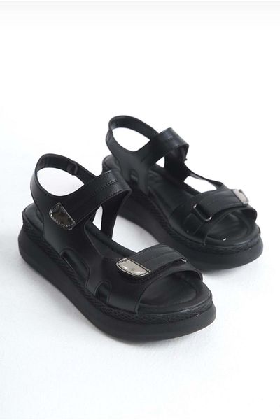 bulutmod Ba04577 Sandale de damă din piele neagră cu velcro cu talpă moale 5 cm - 36