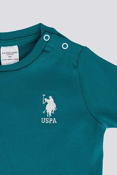 U.S. Polo Assn. طقم بناتي بأكمام طويلة مكون من قطعتين - أخضر بط