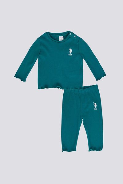 U.S. Polo Assn. طقم بناتي بأكمام طويلة مكون من قطعتين - أخضر بط