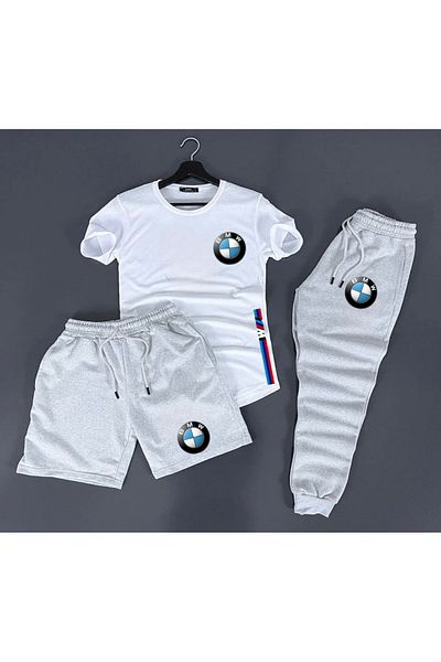 NEW TRENDY COLLECTİON Bmw Printed T-Shirt Sweatpants Shorts Combination 3 Piece Set