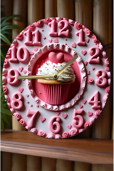 kutuTR Heart Cupcake Themed Mdf Wall Clock – 33 Cm, 3D Appearance, Silent Mechanism, 2D Hd Printing Sdw238