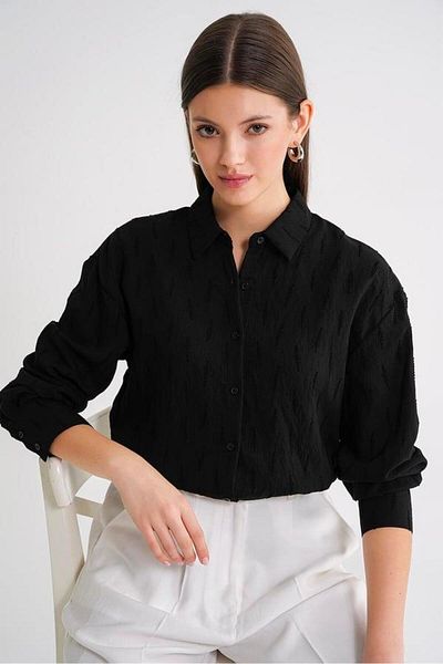 Mixray 4671 Women's Leaf Patterned Long Sleeve Basic Shirt Black