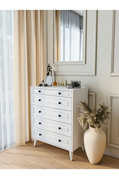 MONTENERO Şifonyer Parlak Beyaz 5 Çekmeceli Country Şifonyer