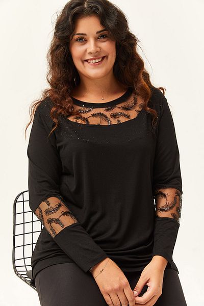 Ebsumu Γυναικεία Μαύρη Μπλούζα Plus Size Διαφανής Πέτο με Πέτρα