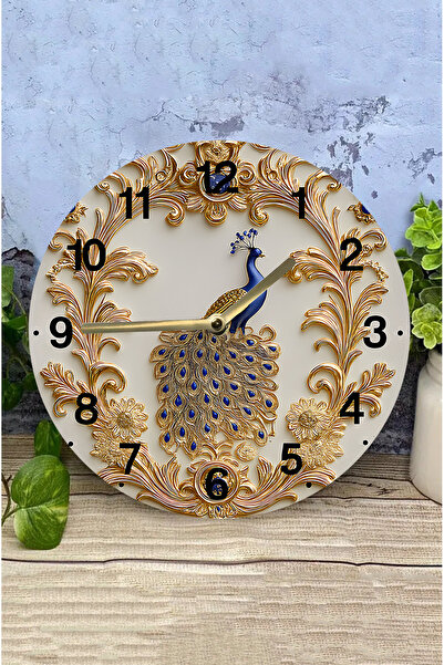 kutuTR Altın Detaylı Tavus Kuşu MDF Duvar Saati – 3D Görünümlü Sessiz Dekoratif Saat sdw2019