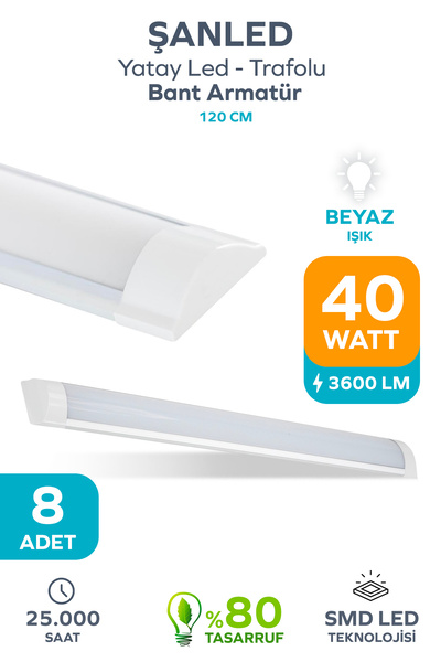 ŞANLED 120 Cm 40 Watt Yatay Led Bant Armatür-trafolu Beyaz Işık-8 Adettir