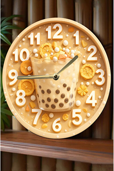 kutuTR طعم الوقت - ساعة حائط خشبية مستديرة هادئة بطابع شاي الفقاعات، نمط قهوة...