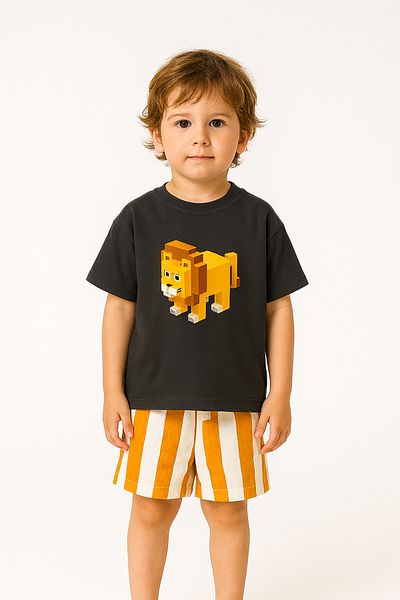 MİO Boys' Cotton Black Lion Printed T-Shirt Orange Striped Shorts Set - 2-Piece Casual Set Multi Color