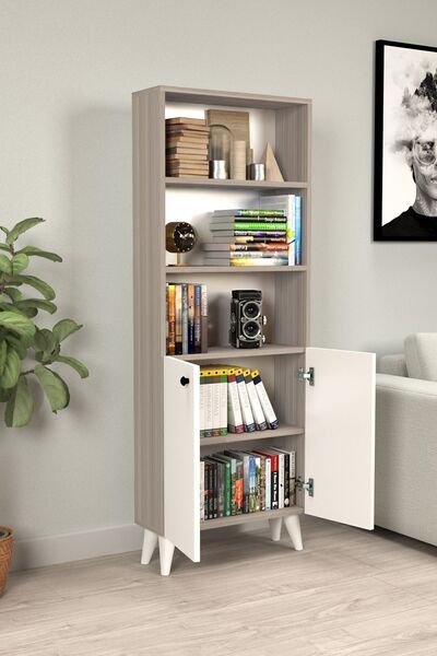 MONTENERO Kitaplık Cordoba - Parlak Beyaz 5 Raflı Kapaklı Kitaplık
