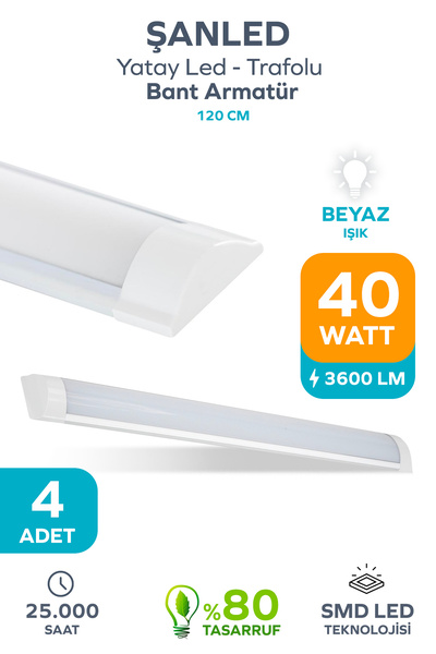 ŞANLED 120 Cm 40 Watt Yatay Led Bant Armatür-trafolu Beyaz Işık-4 Adettir