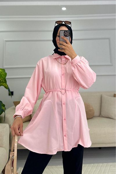 HİFADEN Women's Waist Tie Heart Buckle Detailed Hijab Shirt