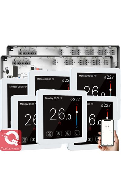 Quicksmart Kit Automatizare pentru Încălzire prin Pardoseală Q10, Controler 2x 8 zone, 6 Termostate cu Cablu Q50, Smart, Wh