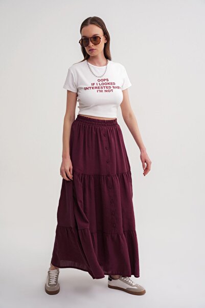 Mixray 4662 Women's Button Detailed Gathered Modal Skirt Claret Red