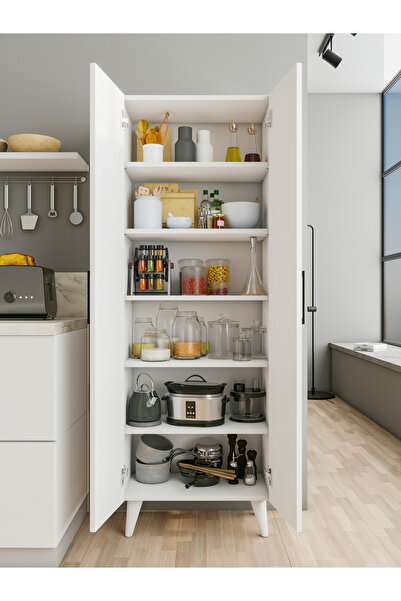 MONTENERO Çok Amaçlı Dolap Parlak Beyaz Kiler Dolabı Erzak Dolabı Mutfak Dolabı Banyo Dolabı 6 Raflı