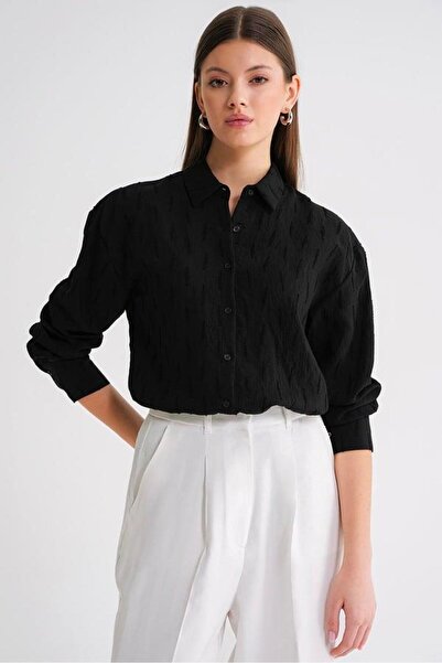 Mixray 4671 Women's Leaf Patterned Long Sleeve Basic Shirt Black